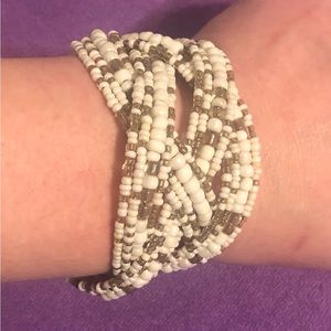 Handmade White Beaded Adjustable Cuff Bracelet
